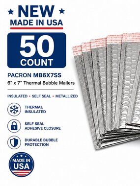 NEW 50 Pacron 6x7 Silver Thermal Bubble Mailers Self Seal Made USA